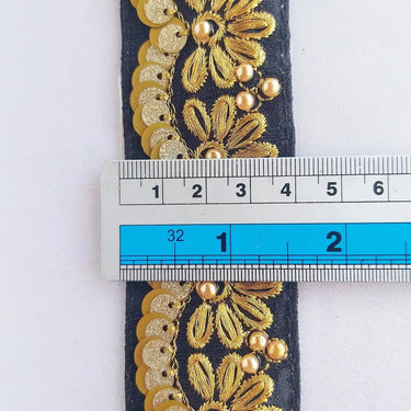Indian Sari Trim, Black Art Silk Fabric With Gold Thread Embroidered Flowers Trim, Gold Sequins And Beads